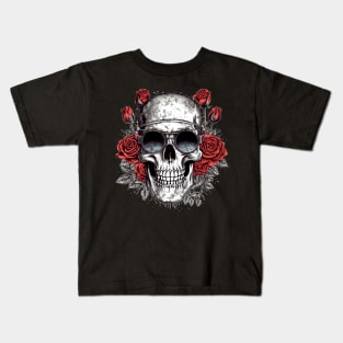 Cool Hipster Skull with Glasses and Roses Kids T-Shirt